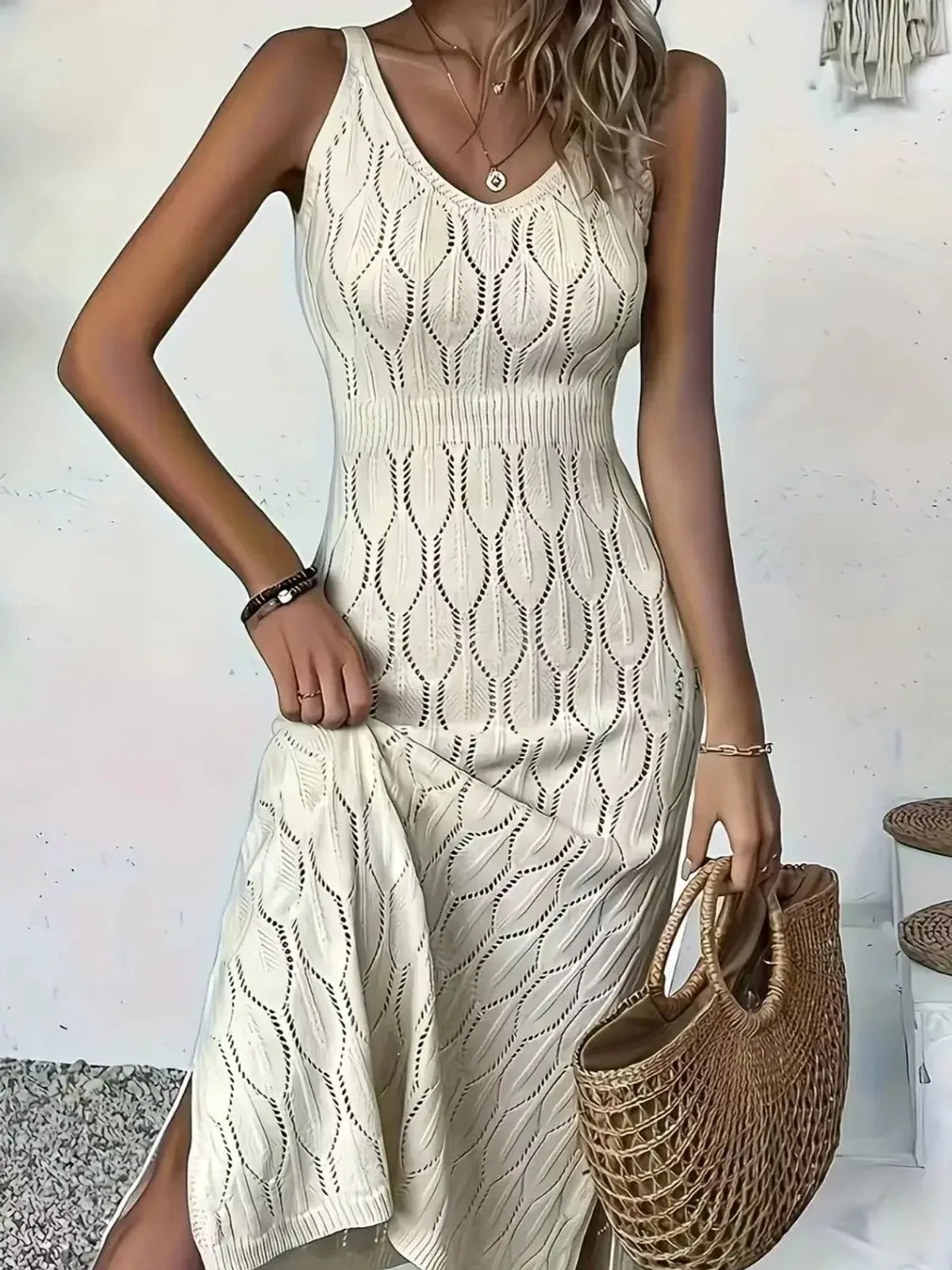 Robe longue Adèle, col V et fente